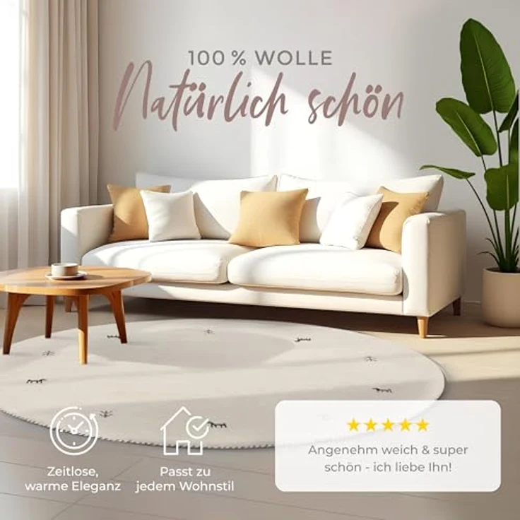 carpetfine 'Gabbeh Uni' Wollteppich, reine Wolle, Weiß, Ø 80 cm – Bild 3