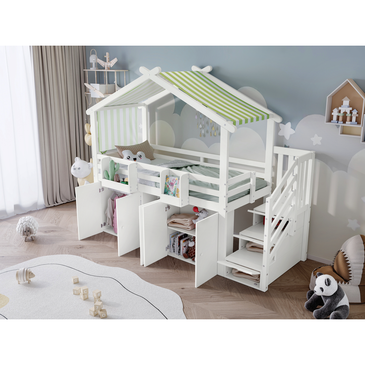 Merax Etagenbett, Kinderbett 90x200cm, mit Fallschutzgitter, 1 Kleiderschrank und 2 Schließfächer, mit 3 Schließfächer in der Treppe, gestreifter Stoff, Kiefer+MDF+Sperrholz, Weiß+Grün – Bild 7