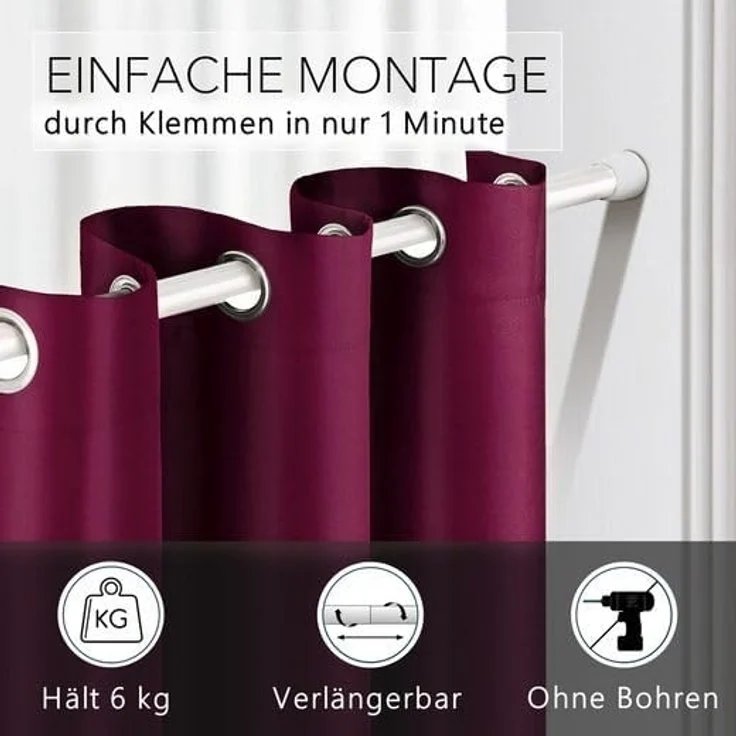 tinycurtains Türvorhang mit Stange weiß 70-120 cm Thermo Vorhang ohne Bohren, blickdicht, Ösen, verdunkelnd, Polyester, bordeaux rot Berry, Türgardine mit Klemmstange Raumtrenner Vorhang Tür – Bild 2