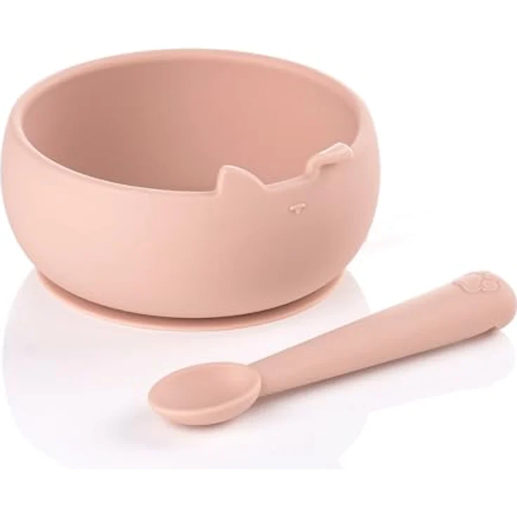 Jané Silikon Baby Schüssel mit Saugnapf und Löffel, BPA-frei, Mikrowellengeeignet, Baby Geschirr Set, Farbe Rosa – Bild 1