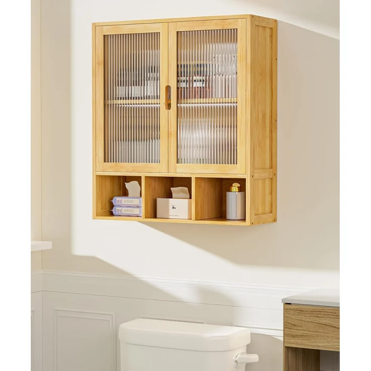 Yorbay Hängeschrank Bambus Badezimmerschrank (59x22x66 cm, Magnetverschluss & verstellbare Regale) Wandschrank mit Doppeltüren – Bild 9