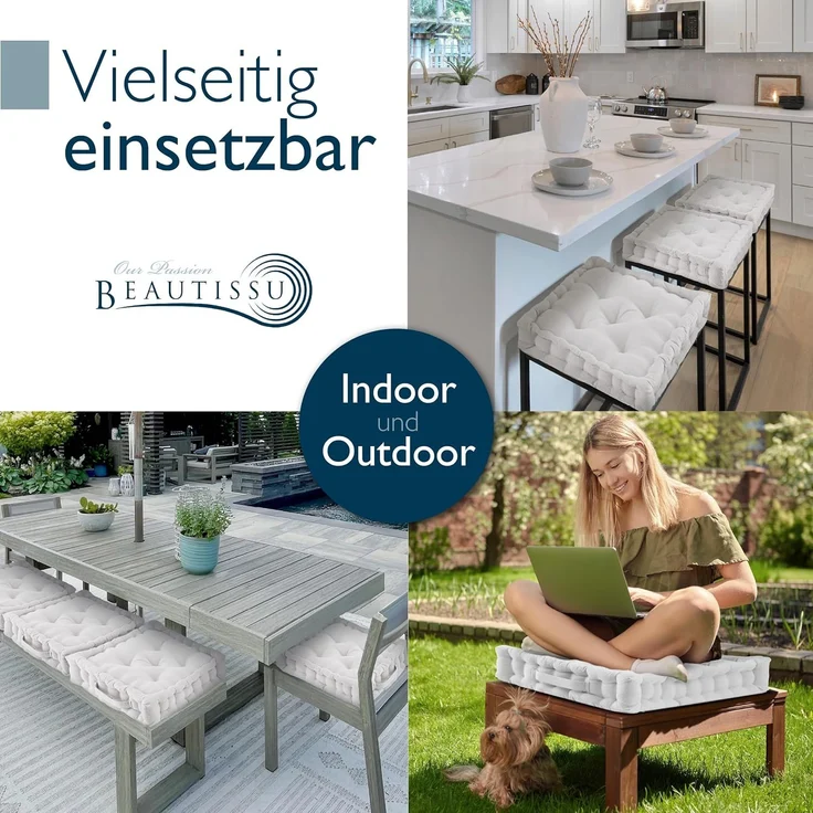 Beautissu Stuhlkissen 4er Set Bodenkissen Sitzkissen Mila, 50x50cm, Natur, Matratzenkissen 10cm, 100% Baumwolle Stuhlkissen Indoor & Outdoor – Bild 5