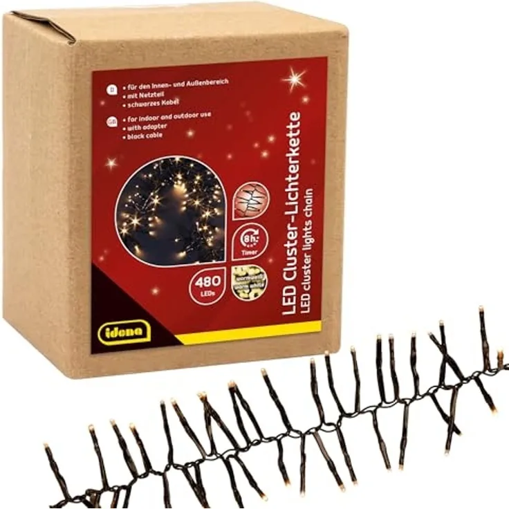 Idena 31897 - LED Cluster Lichterkette mit 480 LEDs in Warmweiß, ca. 14,5 m lang, für Außen & Innen, mit 8 Stunden Timer Funktion und Transformator, als Party Deko, Weihnachtsdeko, zur Hochzeit