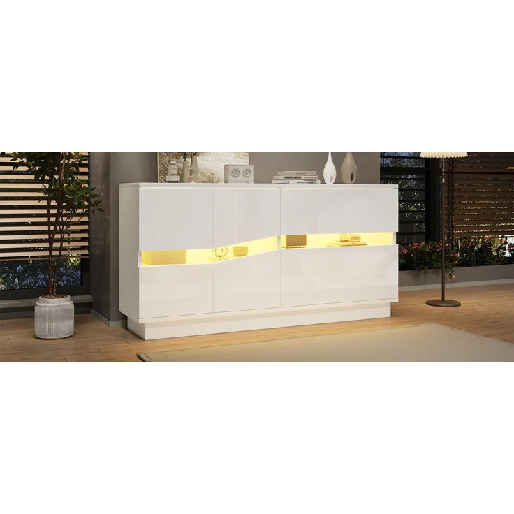 ZUBALIYA Sideboard 140x35x70 cm, mit LED-Beleuchtung, Hochglanz, mit 4 Türen, aus Spanplatte, Weiß – Bild 23