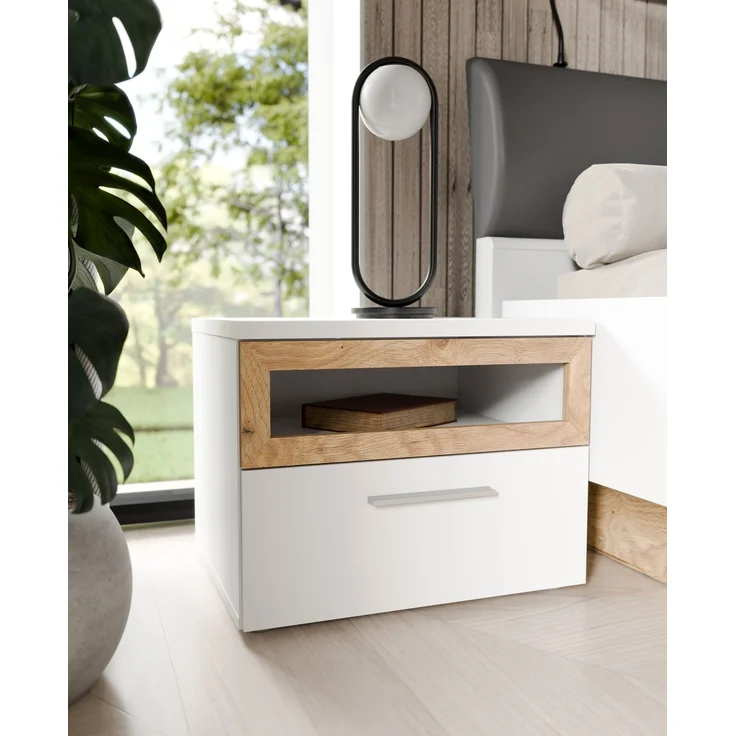 Nachtkommode >MAYACUS< 2er Set, 1 Schublade, 1 Fach, weiß, Eiche Dekor - 52x40,8x41,3cm BxHxT – Bild 2