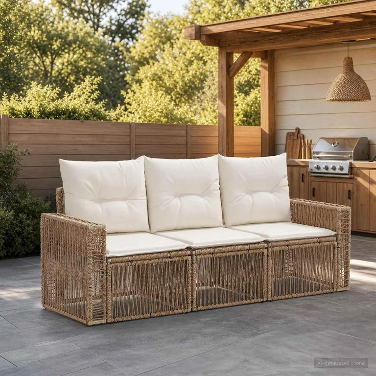 vidaXL Gartensofa-set 3 stk. 3-Sitzer Beige und Cremeweiß Poly-Rattan 3435042 – Bild 2