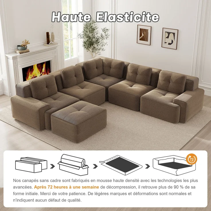 U-förmiges Sofa mit 1 Fußhocker mit Cordbezug und beweglicher Fußauflage, rahmenfreie Lounge-Couch mit breiten Armlehnen ohne Montage, Braun – Bild 11