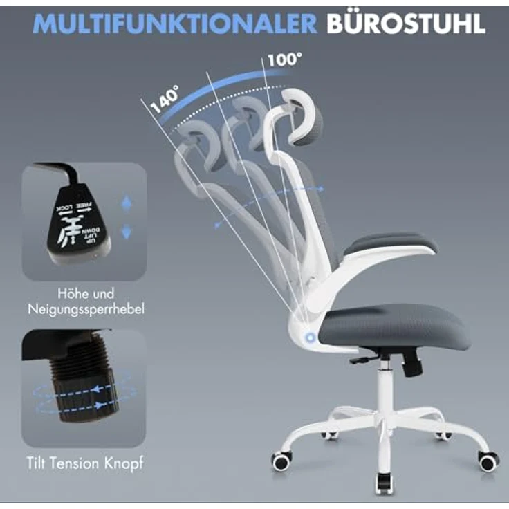 COLAMY Bürostuhl Ergonomisch, Netz-Schreibtischstuhl mit Verstellbarer Kopfstütze, Chefsessel Office Chair mit Lendenwirbelstütze, Verstellbarer Neigungsverschluss Drehstuhl, Grau – Bild 5