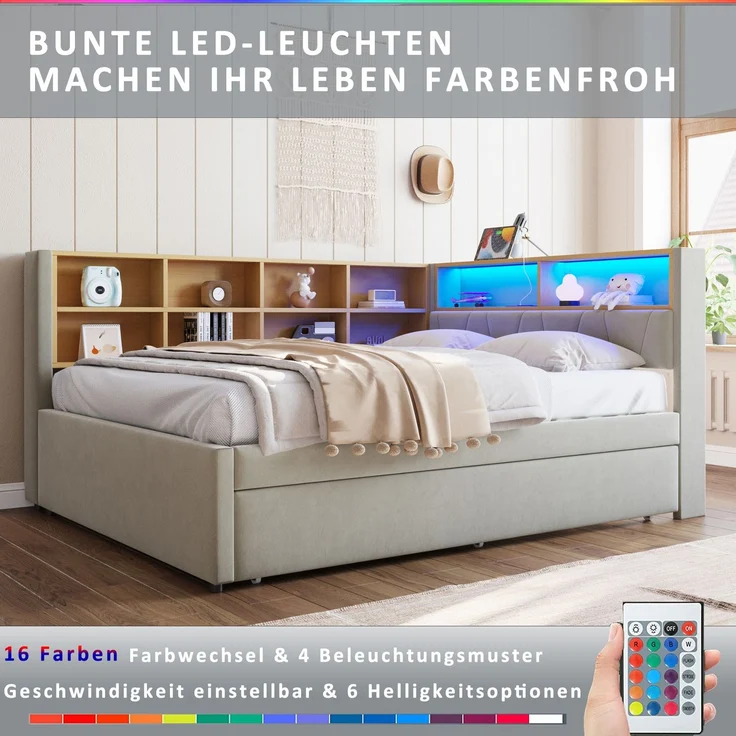 CHICFURN Bett aus Flanell Hellgrau 140x200 cm mit Ausziehbett 90x190 cm und LED-Beleuchtung – Bild 4