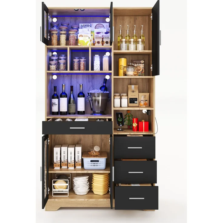 Buffetschrank 100 x 40 x 185 cm, Küchenschrank aus MDF mit LED-Beleuchtung, Steckdose und Glastüren – Bild 9