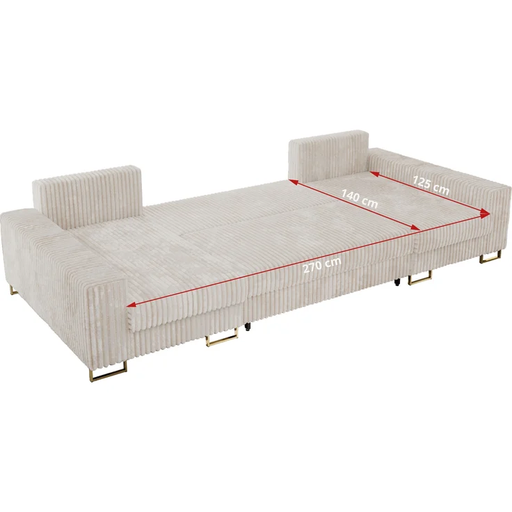 U-förmiges Ecksofa auf goldenen Metallbeinen, mit Schlaffunktion und drei Bettkästen für das Wohnzimmer - DORIAN U - Beige Cord – Bild 8