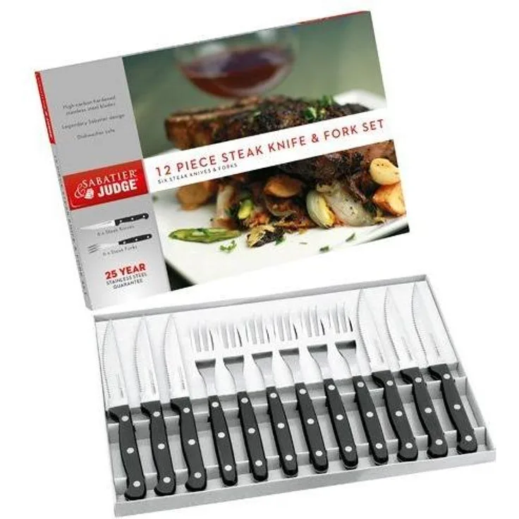 Judge IV42 12 Stück Steak-Set, 6 Messer und Gabeln, Edelstahl, schwarz silber, 35. 2 x 24. 0 x 3. 0 cm