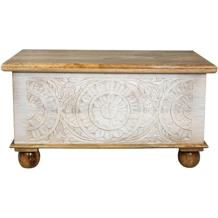 Oriental Galerie Truhe Indische Truhe Schnitzerei natur weiß 80 cm, Holztruhe, Couchtisch, Shabby Chic – Bild 5