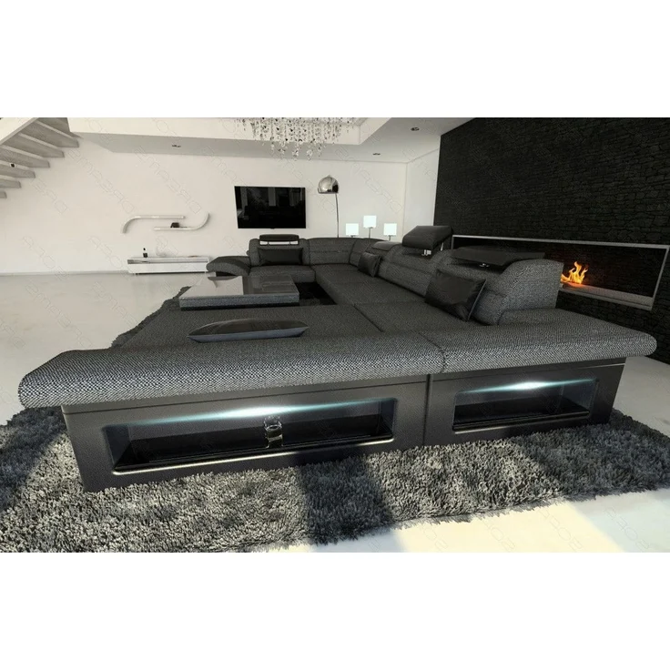Sofa Dreams - Stoff-Wohnlandschaft Enzo XXL LED U-Form - Strukturstoff - Schwarzgrau-Schwarz - Rechts – Bild 4