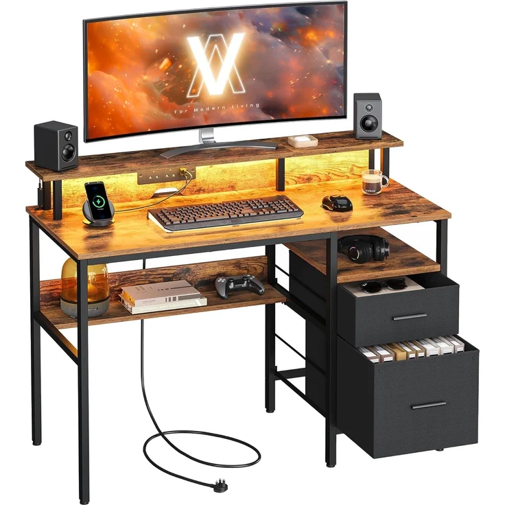 VASAGLE Schreibtisch mit Stoff-Schubladen, Computertisch mit Monitorständer, LED-Beleuchtung, 55 x 120 x 90 cm, eingebaute Steckdosen, 2 USB-A-Anschlüsse, für Homeoffice, vintagebraun LWD093K01 – Bild 1
