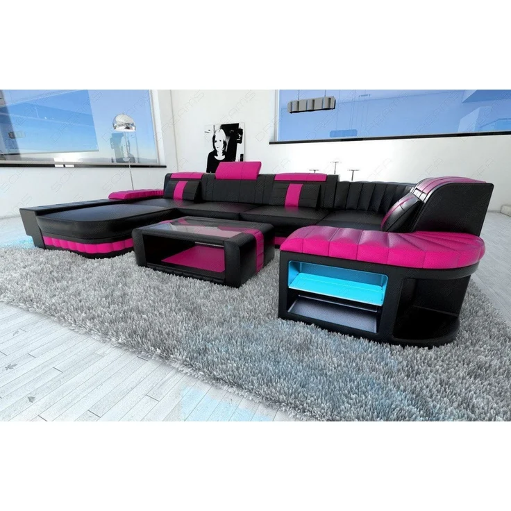 Sofa Dreams - Mini Designer Wohnlandschaft Bellagio Led U-Form - Ledermix - Schwarz-Pink - Links – Bild 5