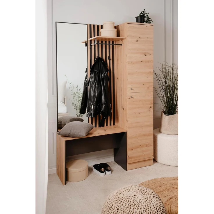 Finori Medan 42B Kompaktgarderobe, Dekor Artisan Oak / anthrazit | Kompaktgarderobe für Flur | Maß: B x H x T ca. 122 x 190 x 37 cm | Kompaktgarderobe mit 2 Türen, Spiegel, Hutablage, Kleiderstange, Bank und 2 Haken – Bild 11