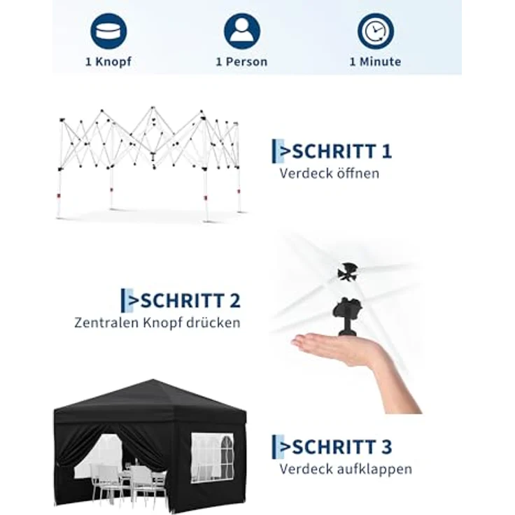 Faltpavillon 3x3 m wasserdicht stabil mit 4 Seitenwänden – Pop up Pavillon faltbar aus 420D Oxford, UV-Schutz 50+, 3-Fach höhenverstellbar, Partyzelt mit Tragetasche für Garten & Outdoor Schwarz – Bild 2