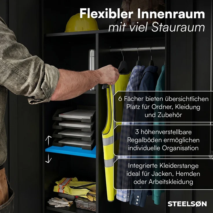 STEELSØN 'Regulus' Garderobenschrank mit 6 Fächern und Kleiderstange, Metall, schwarz, 175x40x80 cm, abschließbar, inkl. Schloss – Bild 4