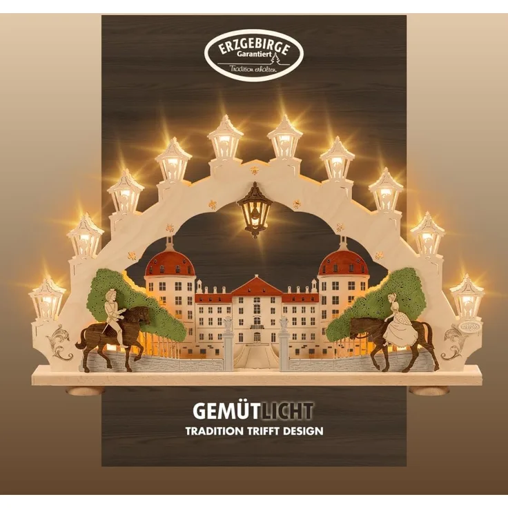 Weigla LED Schwibbogen Moritzburg, Lichterbogen aus Holz, Made in Germany (1-tlg), Erzgebirge garantiert, Weihnachtsdeko Innen, Weihnachtsbeleuchtung