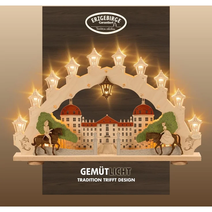 Weigla LED Schwibbogen Moritzburg, Lichterbogen aus Holz, Made in Germany (1-tlg), Erzgebirge garantiert, Weihnachtsdeko Innen, Weihnachtsbeleuchtung