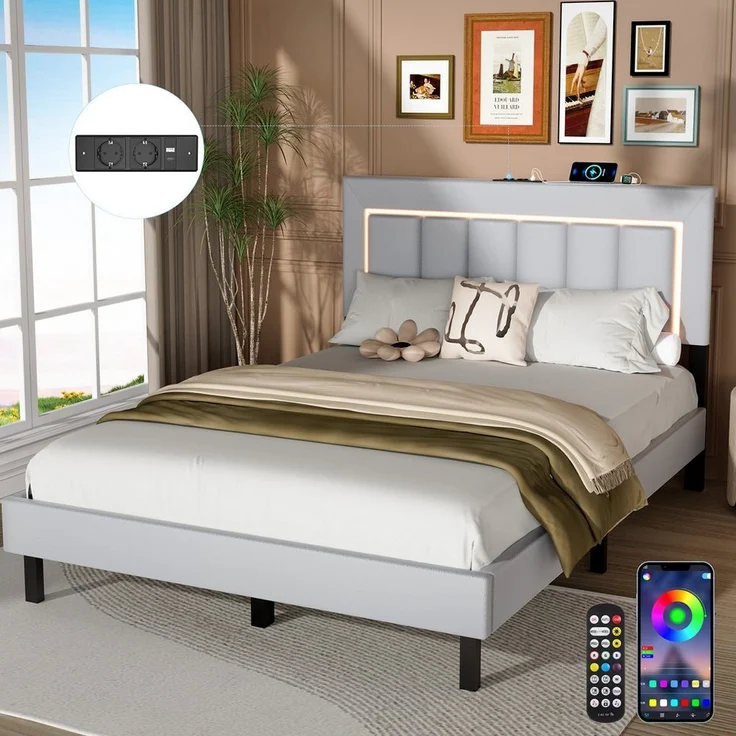 oyajia Polsterbett Bett Kinderbett Polsterbet Gästebett (Mit Lattenrost,PU-Leder material Polsterbett,Kinderbett, Kopfteil hochstellbar), mit LED-Beleuchtung, Ladefunktion,App/Fernbedienung – Bild 1