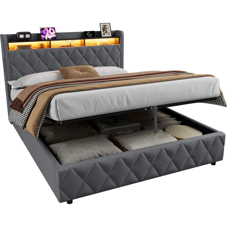 Einzelbett 140x200 cm mit LED-Beleuchtung, Ladefunktion und hydraulischem Stauraum – Ohne Matratze – Bild 7
