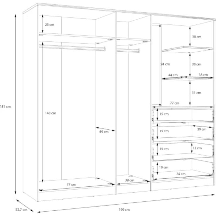 Forte Panama Kleiderschrank 200, moderner Schrank mit Regalkombination, 3-türig, 4 Schubladen, 2 offene Fächer, 2 Spiegel, Cabezone Eiche Holzdekor, 199 cm breit x 181 cm hoch x 52,7 cm tief – Bild 7