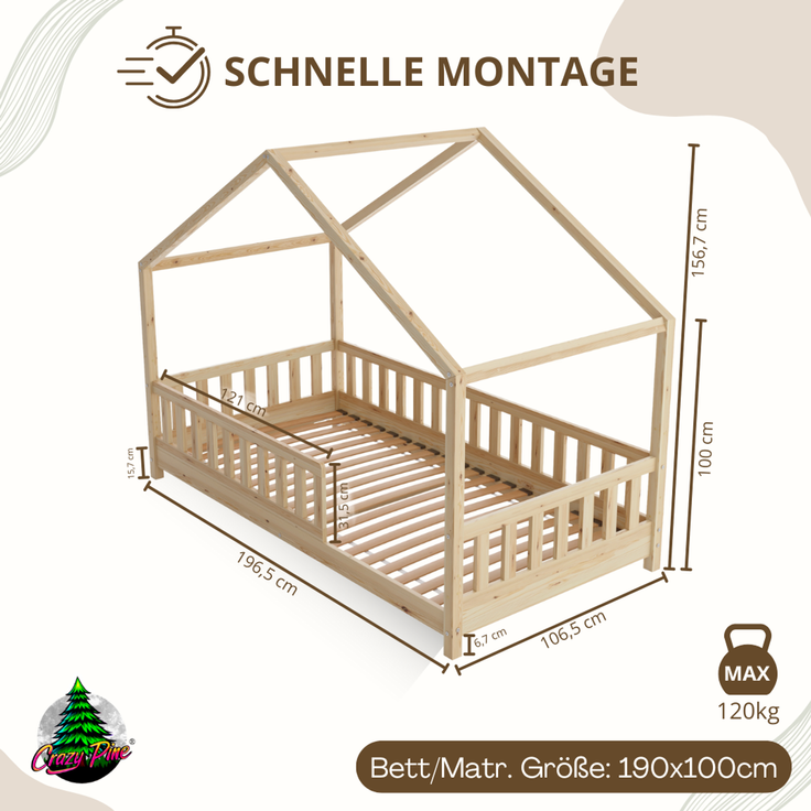 Crazy Pine 'Crazy House' Hausbett mit abnehmbaren Rausfallschutz, Naturholz, Natur, 100x190 cm, mit Höhenverstellbaren Beinen – Bild 2