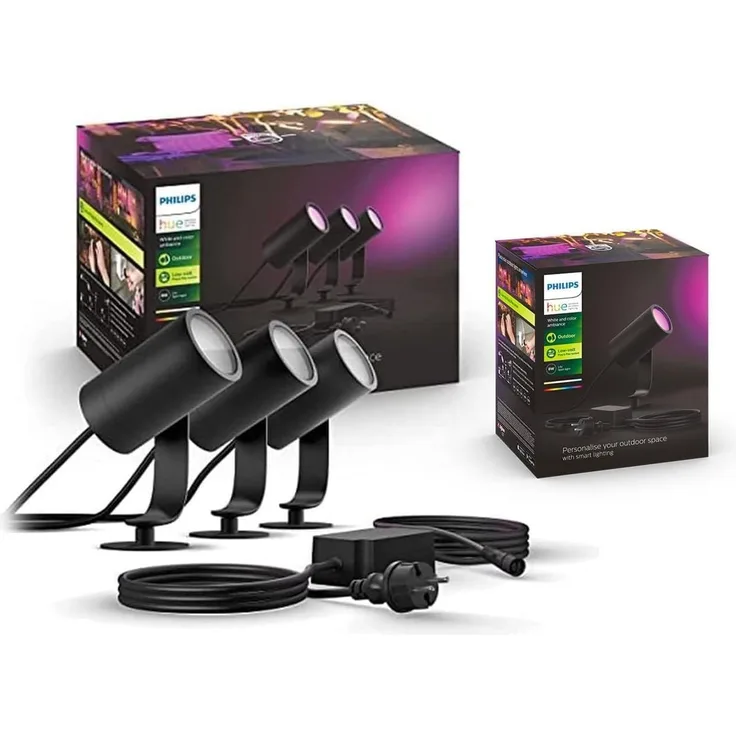 Philips Hue White & Color Ambiance Lily Gartenspot Standard Set mit 40W Netzteil (590 lm), dimmbare Außenleuchte mit 16 Millionen Farben, smarte Lichtsteuerung über Sprache oder App, schwarz, 4er Pack