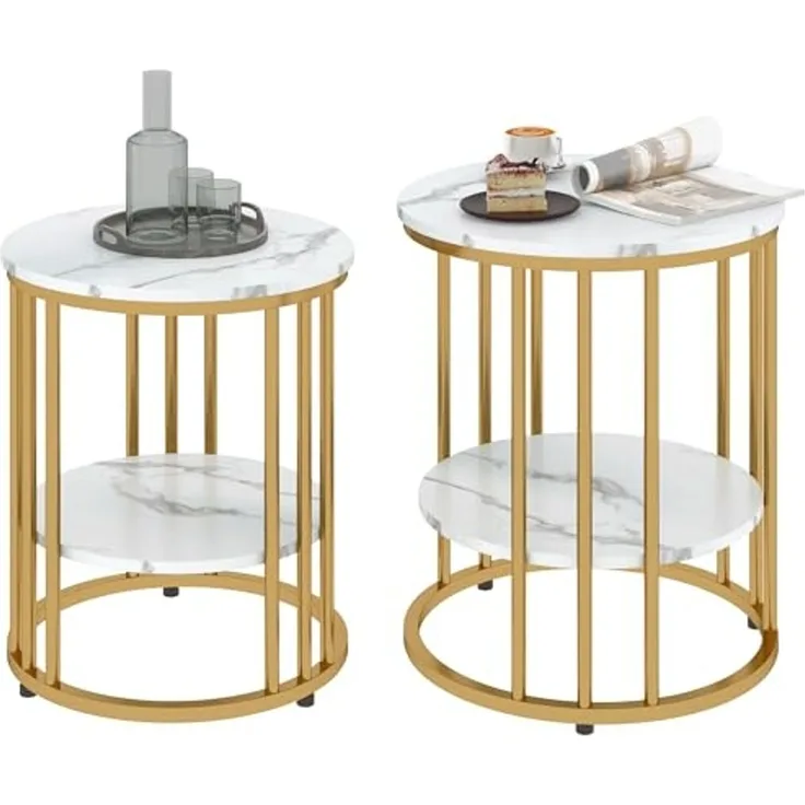 HOMCOM Couchtisch Wohnzimmertisch mit Ablage, Stahlrahmen (Sofatisch, 2-St, Beistelltisch), für Wohnzimmer Schlafzimmer Weiß