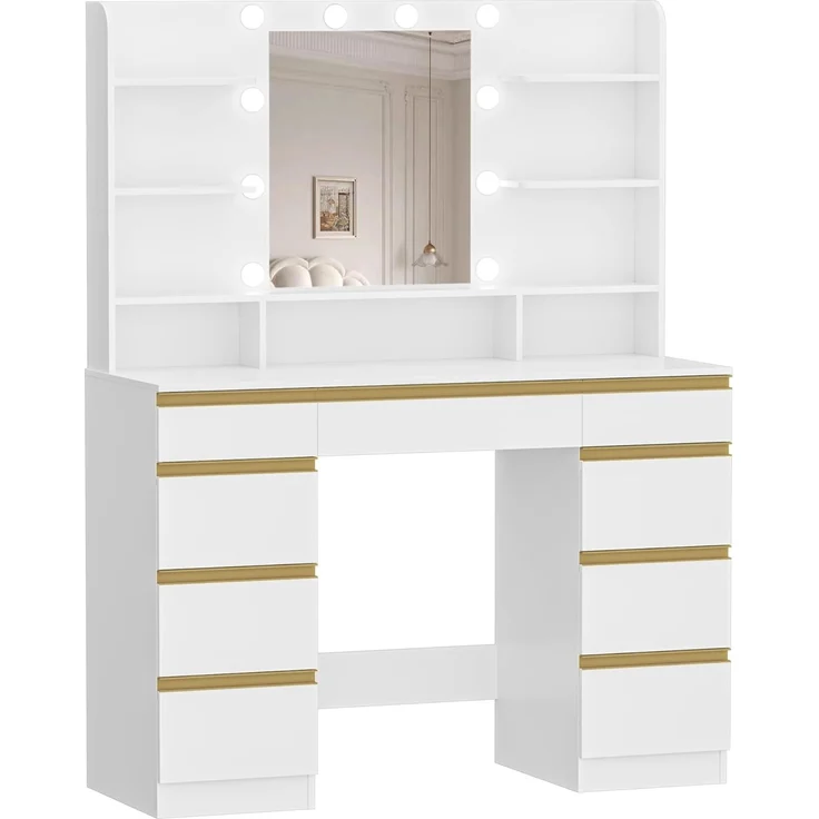 Großer Schminktisch mit LED-Beleuchtung, 10 LED-Lichtkugeln, 3 Farben, einstellbare Helligkeit, Schminktisch mit Spiegel, 9 Schubladen, 9 offenen Ablagen, moderner Stil, Weiß-Gold – Bild 2
