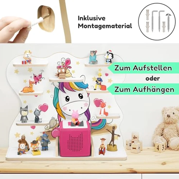 stadtecken Holzregal für Musikbox I Geeignet für die Toniebox und ca. 50 Tonies I Perfekte Tonie Aufbewahrung im Kinderzimmer I Zum Aufstellen oder Aufhängen (Lovely Pony, Groß) – Bild 7