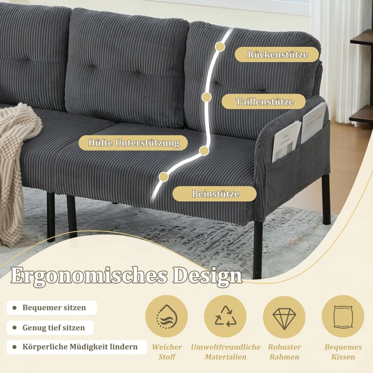 LVHOM 3-Sitzer Sofa mit Metallsockel, Polstersofa mit Seitentaschen, Loungesofa aus Cordstoff, Ergonomisches Stoffsofa, 171x72x80cm – Bild 3