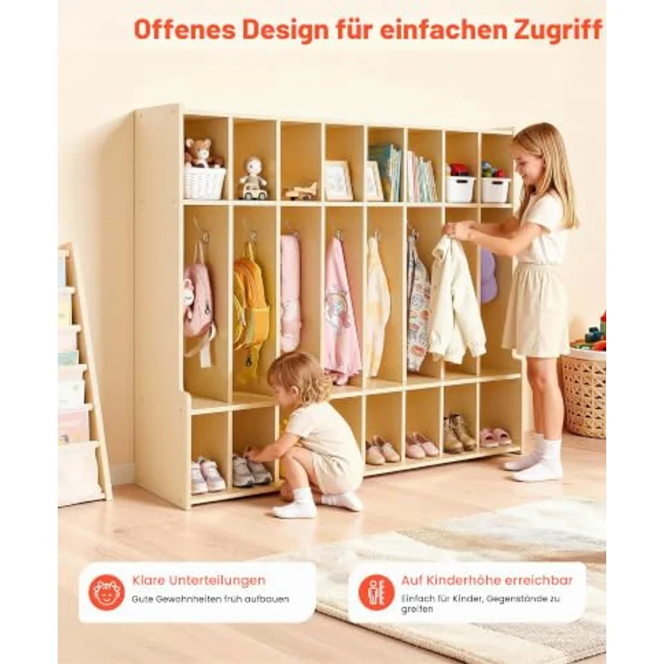 VEVOR Offener Kinderkleiderschrank, Kindergarderobe mit 16 Haken & 24 Fächern (8 Groß + 16 Klein), langlebig und kindersicher für Kindergarten und Zuhause – Bild 4