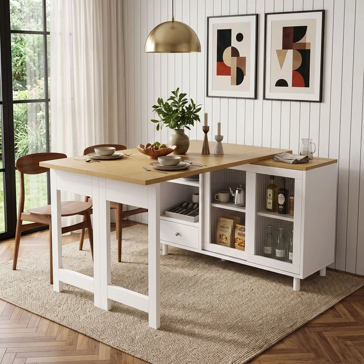 U-life Ausziehbarer, Moderner beweglicher Esstisch, Glastürpaneel, 360 drehbar, Produktfunktion, MDF, Weiß – Bild 4