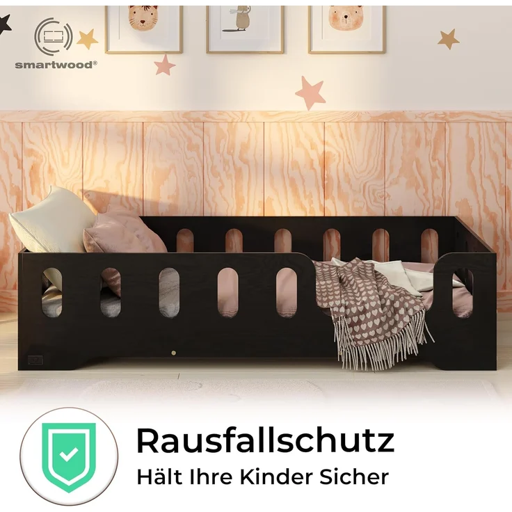 smartwood Kinderbett Bodenbett 100x200 mit Rausfallschutz & Lattenrost - Schwarz - Kinder Montessori Bett TILA 2P mit glatten Kanten - Betten für schnelle Montage - Bis 230 kg belastbar – Bild 5