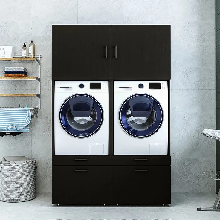 Roomart Waschmaschinenschrank Doppelschrank - SERIE 2 – 134 cm breit, Überbauschrank für Waschküche & Hauswirtschaftsraum– mit Ausziehbrett – • Schwarz-Eiche
