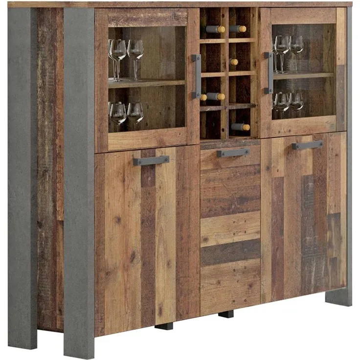 FORTE Clif Highboardvitrine, Holzwerkstoff, Grau/Braun, 151,3 x 125,4 x 41,4 cm