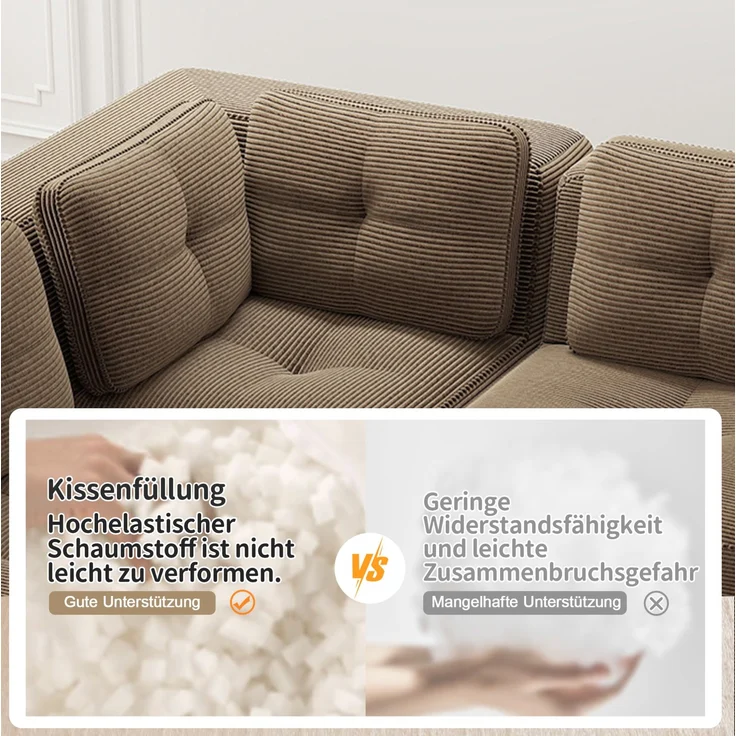 DESVIAE Sofa modular als Ecksofa, Cord, Braun, mit rutschfestem Standfuß, 386 x 177 x 69 cm – Bild 6