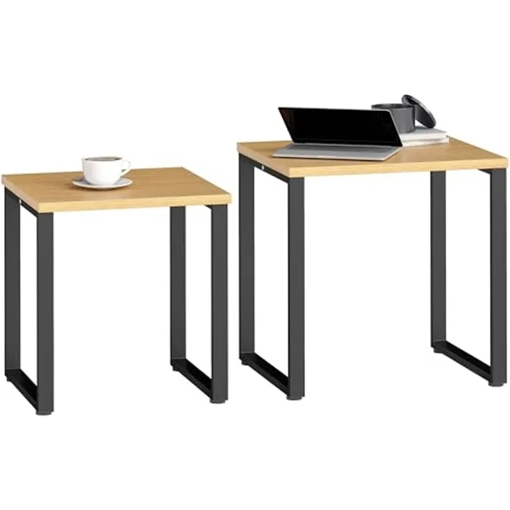 HOMCOM Couchtisch 2er Set Wohnzimmertisch mit Metallrahmen, Satztisch Kaffeetisch Beistelltisch für Wohnzimmer, Schlafzimmer, Balkon Natur