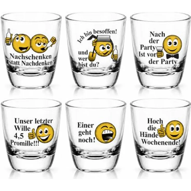 Sendez Schnapsglas 6 Schnapsgläser mit Sprüchen Shots Stamper Wodkagläser Barrel, 6-tlg, Glas
