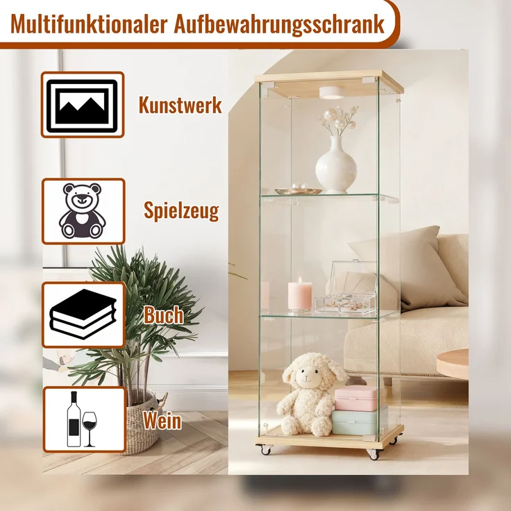 Moderne Glasvitrine mit LED-Beleuchtung,Vitrine,Bücherregal aus gehärtetem Glas,Geeignet für Wohn- und Schlafzimmer, eintüriges dreistufiges Design, Naturholzoptik-H120/B42.5/T36.5 cm--Natürlich--42.5x36.5x120cm--YOUDENOVA – Bild 10