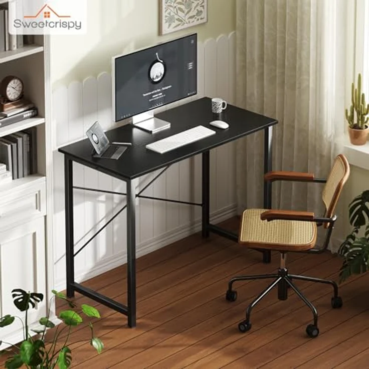 Sweetcrispy Schreibtisch, Kleiner Tisch 101.6 x 50 x 75.4cm (40in), Computertisch Metallgestell‌, Bürotisch für Arbeitszimmer, Schlafzimmer, Wohnzimmer, Study Table Desk, Schwarz – Bild 6