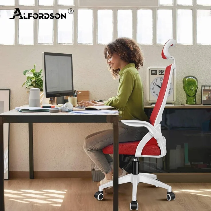 ALFORDSON Bürostuhl mit Kopfstütze Lordosenstütze Drehstuhl Heimbüro Rot – Bild 8