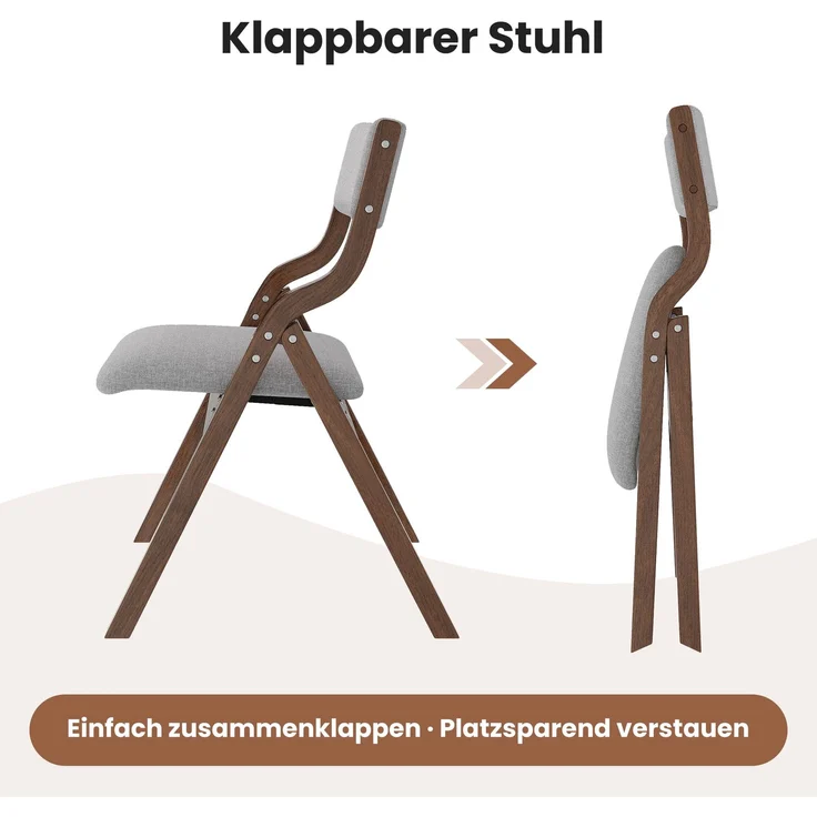 4 klappbare Esszimmerstühle, Esszimmerstühle aus Massivholz, bequem und atmungsaktiv, faltbar und verstaubar, geeignet für Esszimmer, Wohnzimmer, Café, moderner Stil, Leinen, Grau – Bild 5