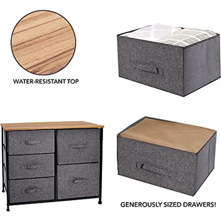 Mondeer Kommode, Kommode Schmal, Schrank mit 5 Groß Schubladen, Stoff Schubladenschrank, Kleideraufbewahrung, Aufbewahrung Schrank, 85x30x70cm, Stabiler Metallrahmen, Grau – Bild 7