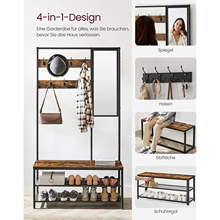 VASAGLE Kleiderständer, Garderobe, Garderobenständer mit Haken, Spiegel, Sitzbank, 35 x 98 x 180 cm, für Eingangsbereich, Schlafzimmer, Wohnzimmer, Industrie-Design, vintagebraun- schwarz HSR415B01 – Bild 4