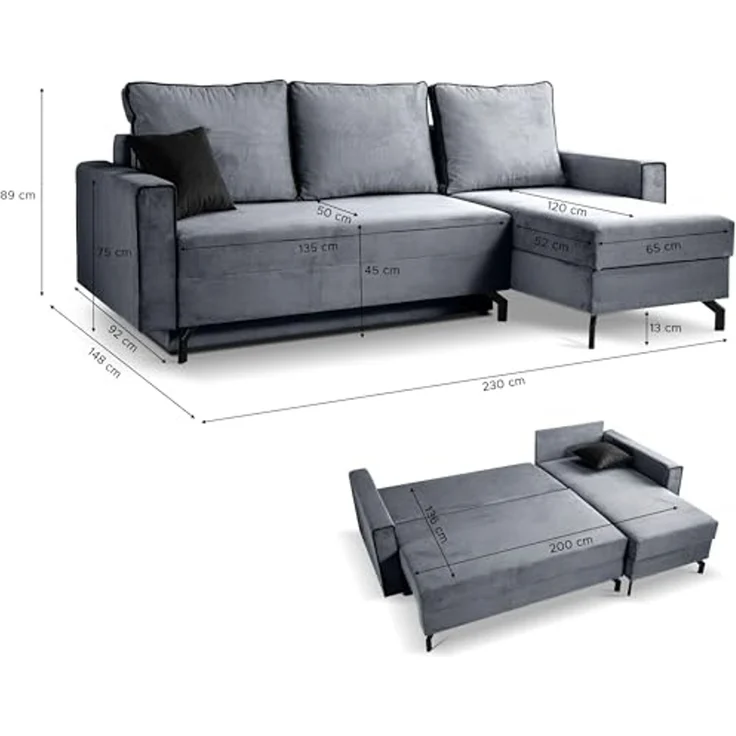 Ecksofa (B/H/T: 230x89x148 cm) in Blau-grau – Bild 3