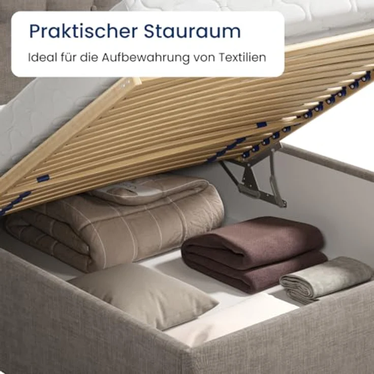 Home Collective Polsterbett Bett mit Stauraum, verstellbarem Lattenrost, viele Größen (Größen: 100x200 120x200 140x200 160x200 180x200 200x200, hochwertiger Strukturstoff, made in Germany), wählbare Matratze Federkern oder Kaltschaum, Dunkelbeige – Bild 7
